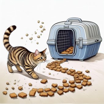 Generated by AI - Adobe Firefly. Cat following a trail of biscuits into a Cat Carrier